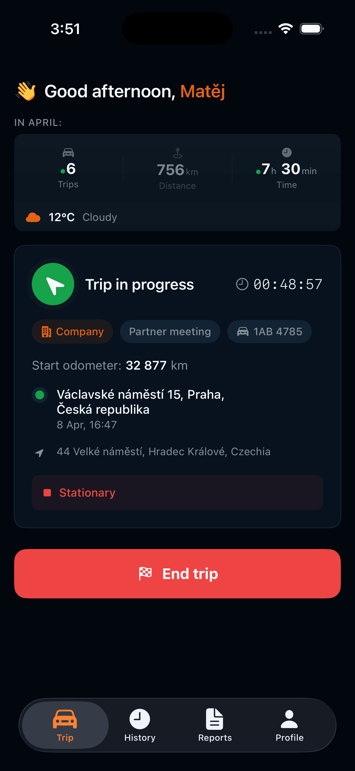 Autokilometry mobile app in dark mode