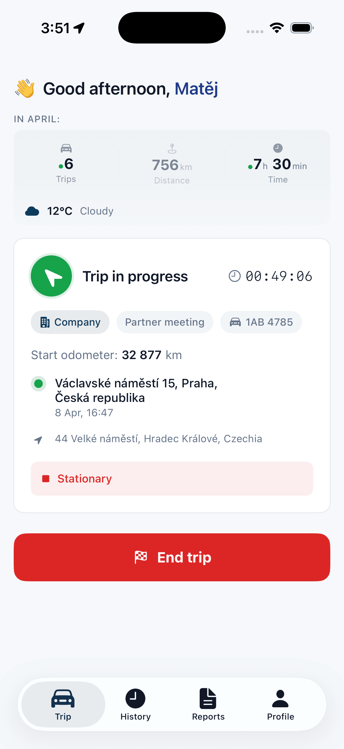 Autokilometry mobile app recording trips automatically with GPS