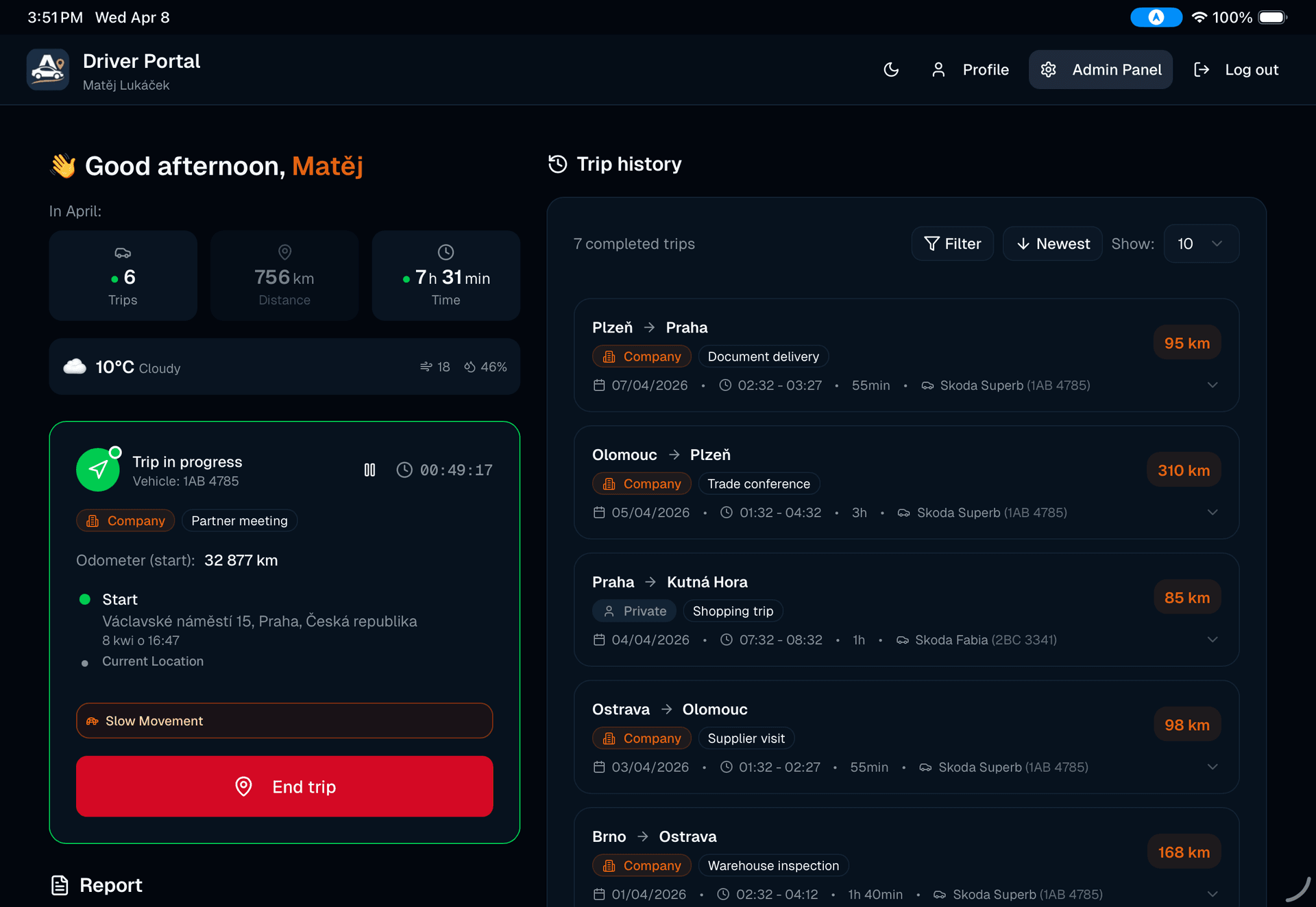 Autokilometry web app: driver portal in dark mode