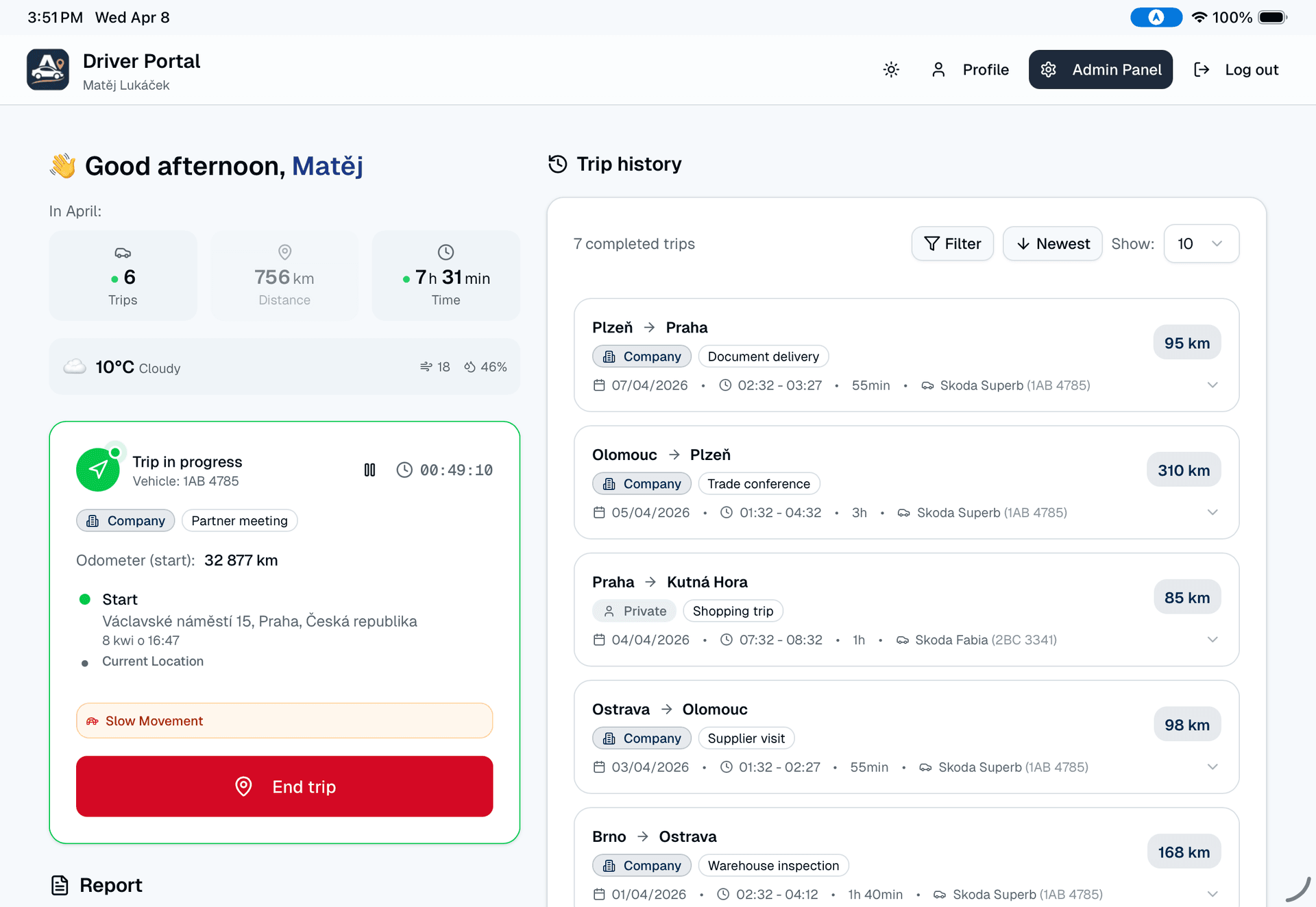Autokilometry web app: driver portal with the vehicle mileage log