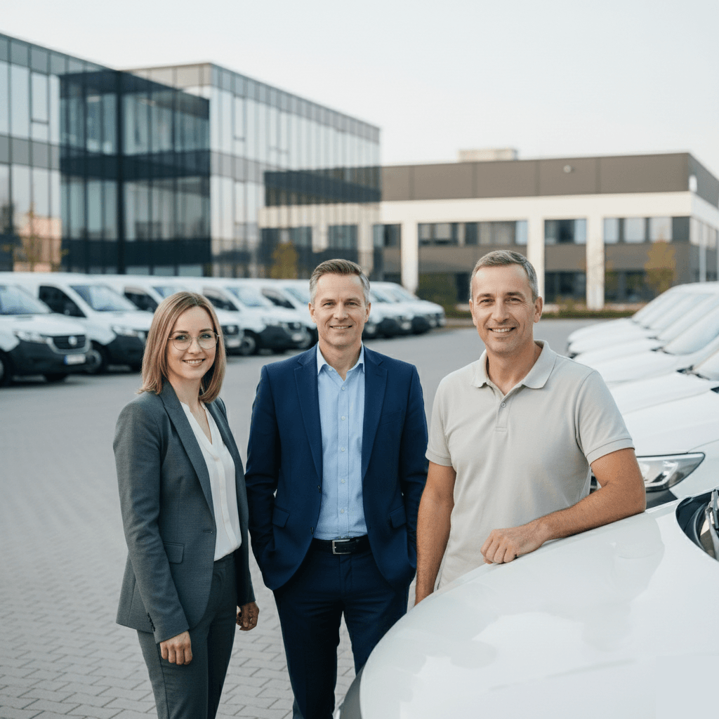 Business team with company fleet Team - owner, accountant, driver
